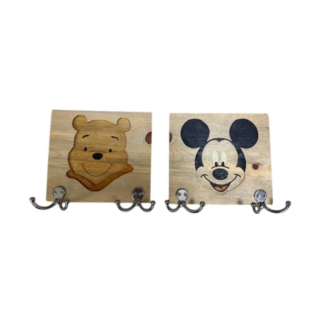 Mickey Mouse and Pooh Bear Wooden Wall Plaques Towel Robe Hooks